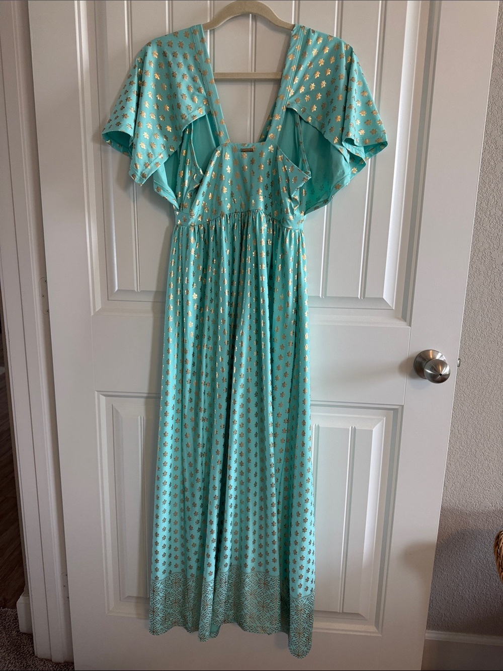 Cabana Life Deep V Flutter Sleeve Maxi Dress NWT Mint Gold UPF 50+ Size Small - Picture 3 of 4